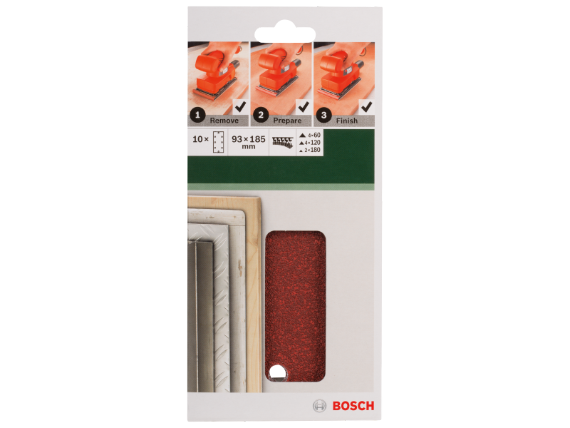 10-delni komplet brusilnih listov Bosch za vibracijski brusilnik, Dimenzije: 93x185mm, Zrnatost: 60, 120, 180, 2609256A93